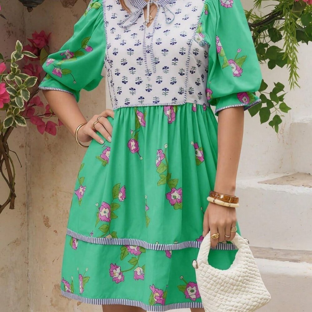 Green Boho Casual Women's Floral Puff Sleeve Tie Front V Neck Mini Dress